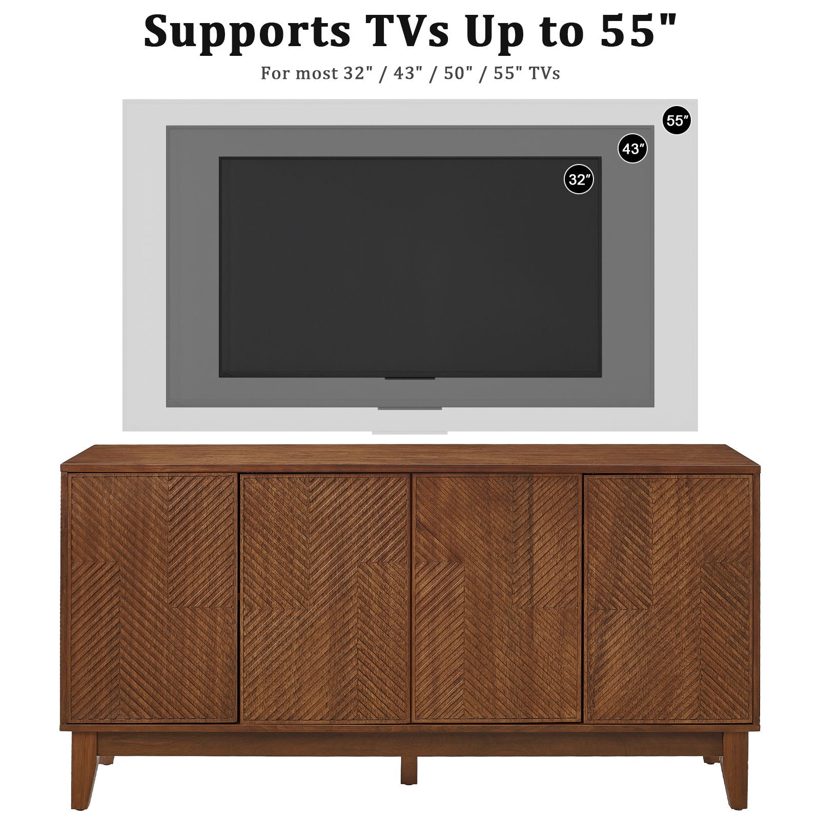 TV Stand With Carved Geometric Doors Storage Cabinet, 4 Door Media Console For Living Room - Walnut