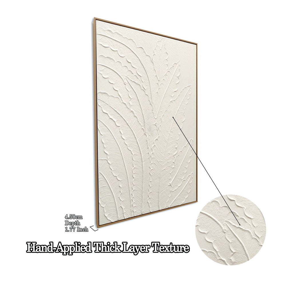 Framed Botanical Leaf Wall Art, Thick Textured Canvas Painting, Neutral Decor For Living Room - White