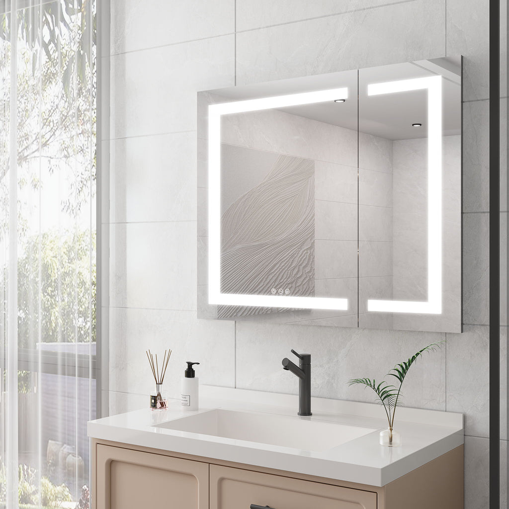 36" X 30" Medicine Cabinet With LED Vanity Mirror, Anti-Fog Recessed Or Surface Mount Bathroom Double Door Large Storage 3000K~6000K Bright Lighted Aluminum Storage Cabinet With Touch Switch - Silver