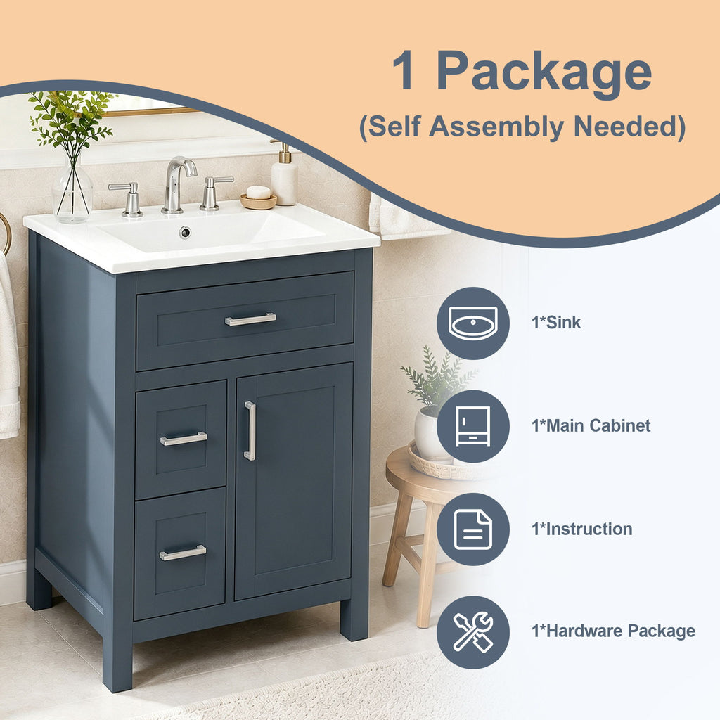 Modern Bathroom Vanity With Sink, Flip Drawer & 2 Drawers, Soft Close Hinges, Adjustable Shelf