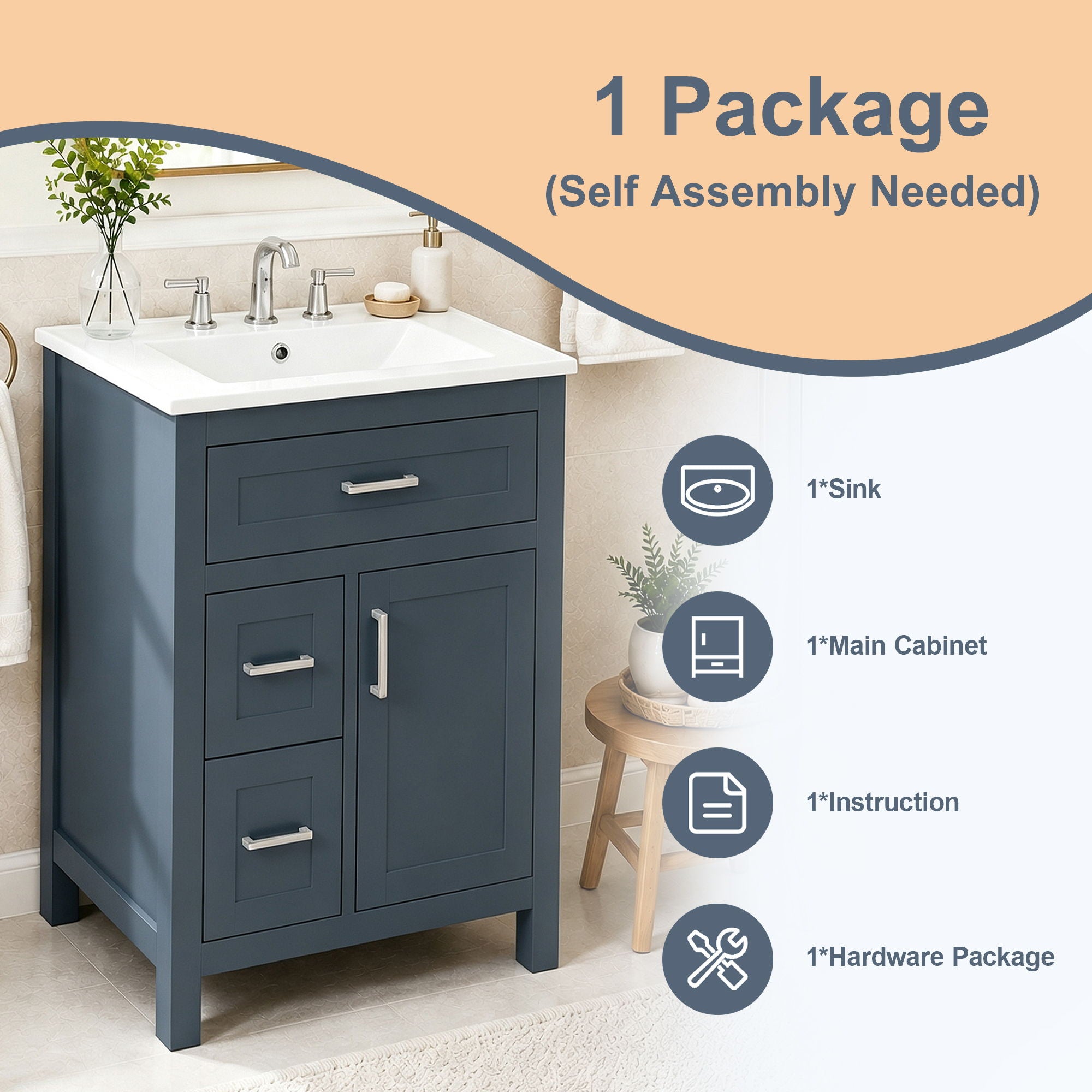 Modern Bathroom Vanity With Sink, Flip Drawer & 2 Drawers, Soft Close Hinges, Adjustable Shelf