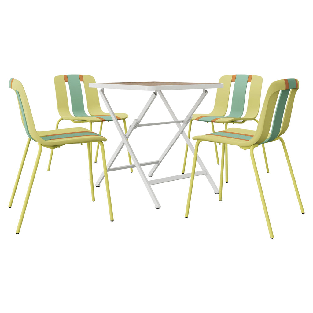4 Piece Set Of Color Block Designed Single Chairs With Folding Square Table - Grain Yellow / Haze Green / Khaki / Tropical Orange / White