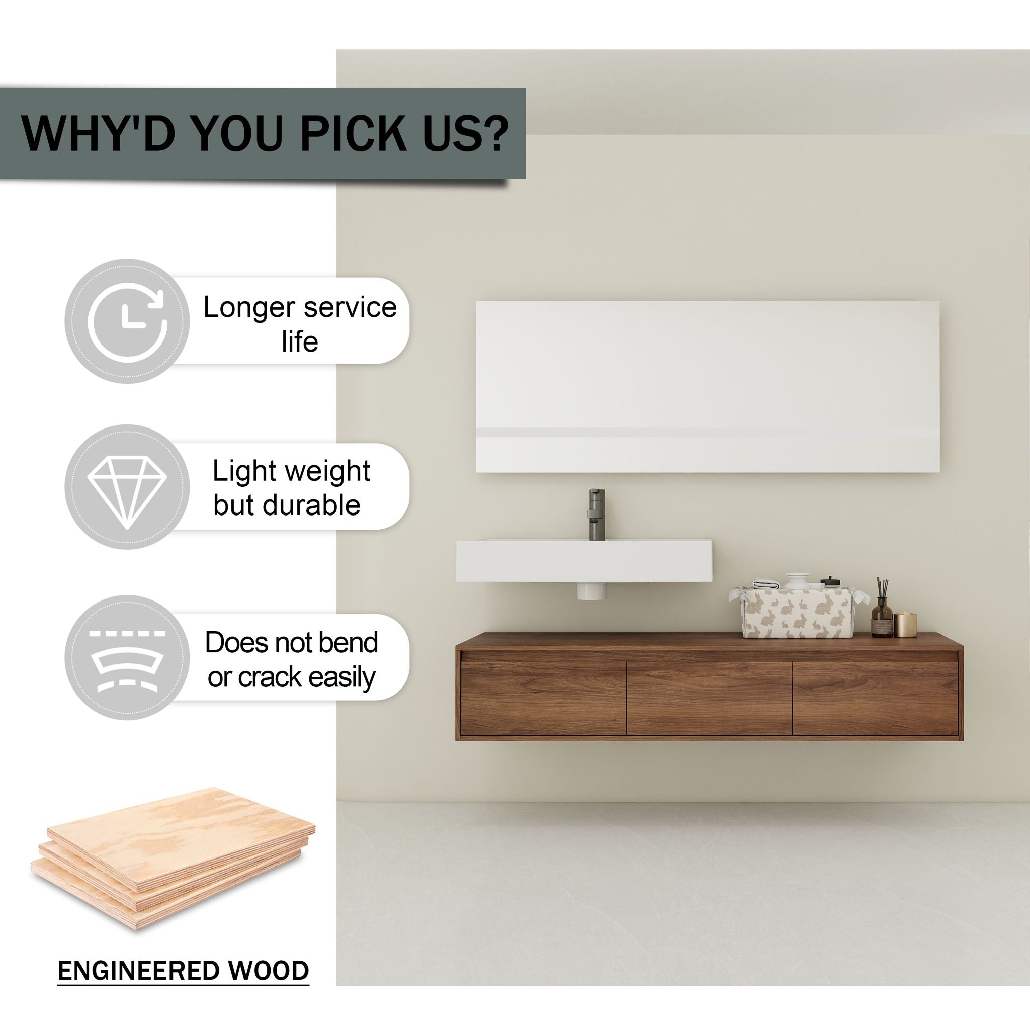 Modern Wall Mounted Bathroom Vanity With Resin Sink And Soft Close Drawer - Brown Ebony