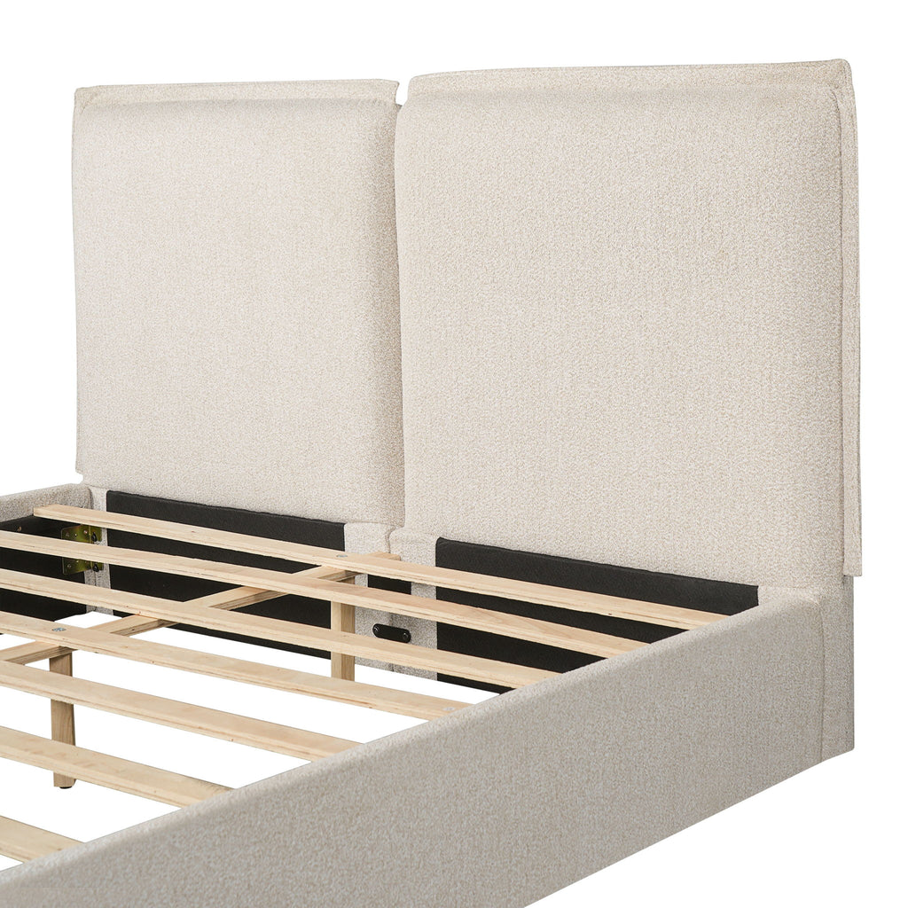 Double Pillow Upholstered Headboard, Skin Friendly Textured Fabric , Queen - Beige