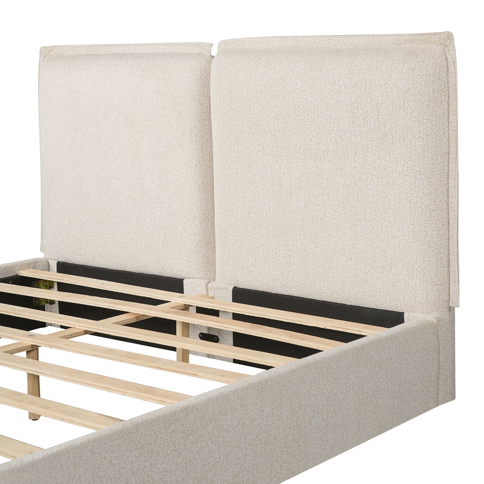 Double Pillow Upholstered Headboard, Skin Friendly Textured Fabric , Queen - Beige