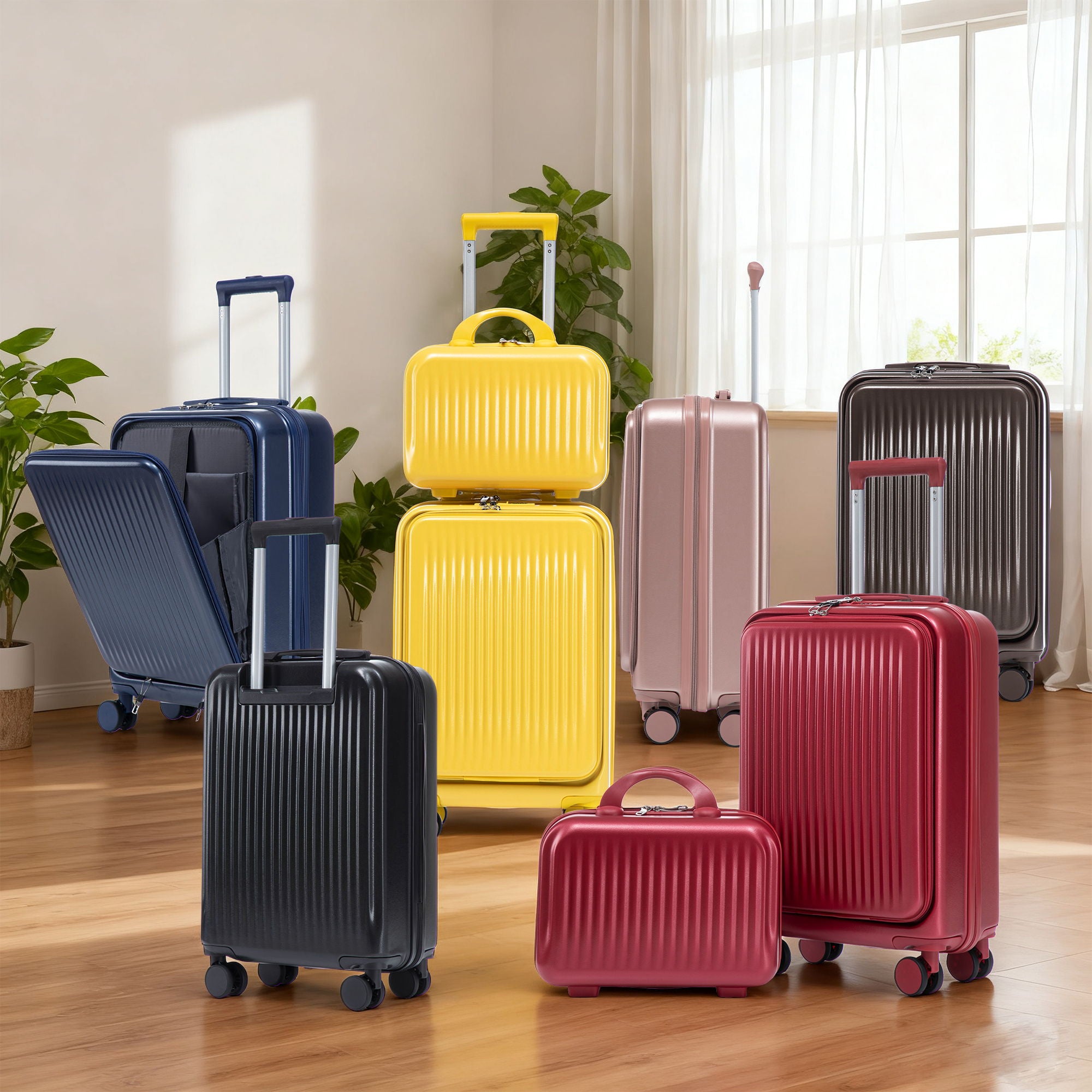 Luggage Set With Cosmetic Case, Combination Lock, Front Opening Design