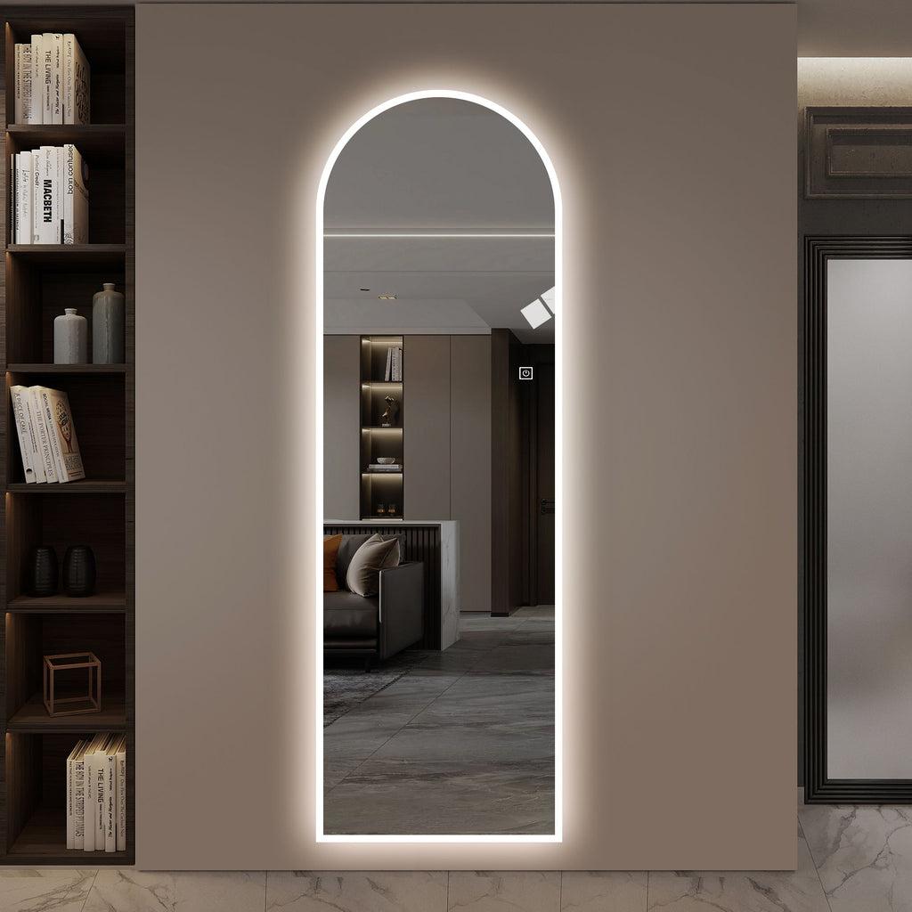 LED Full Length Wall Mirror With Symmetrical Arch Design, Dimmable 3 Color Temperature Lighting - Silver