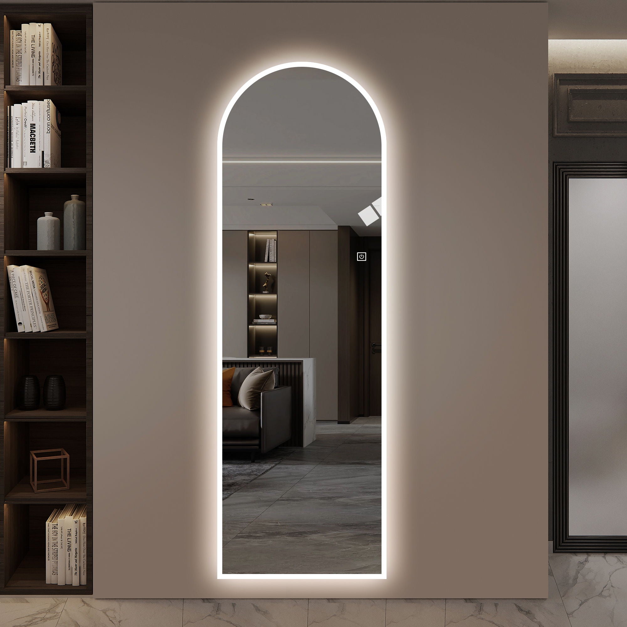 LED Full Length Wall Mirror With Symmetrical Arch Design, Dimmable 3 Color Temperature Lighting - Silver