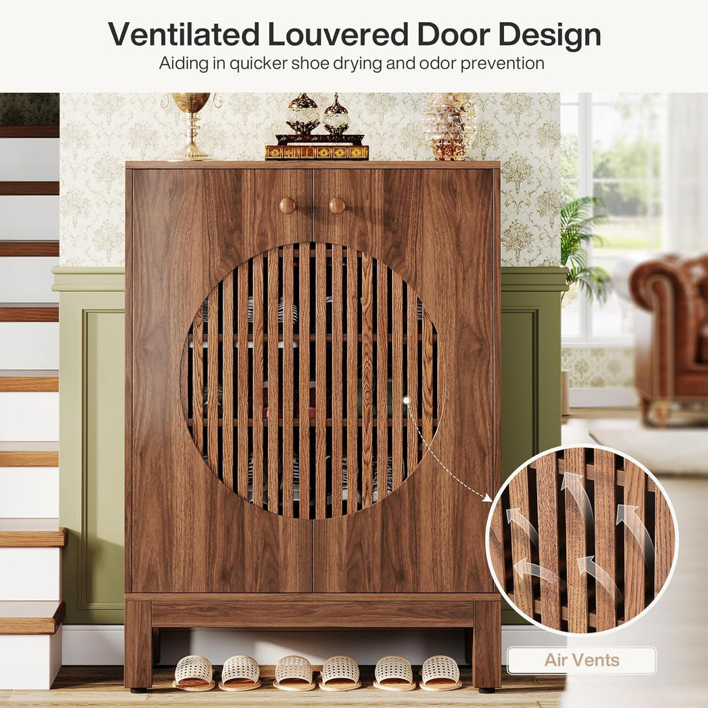5 Tier Shoe Cabinet With Round Louvered Doors, Storage Organizer - Brown