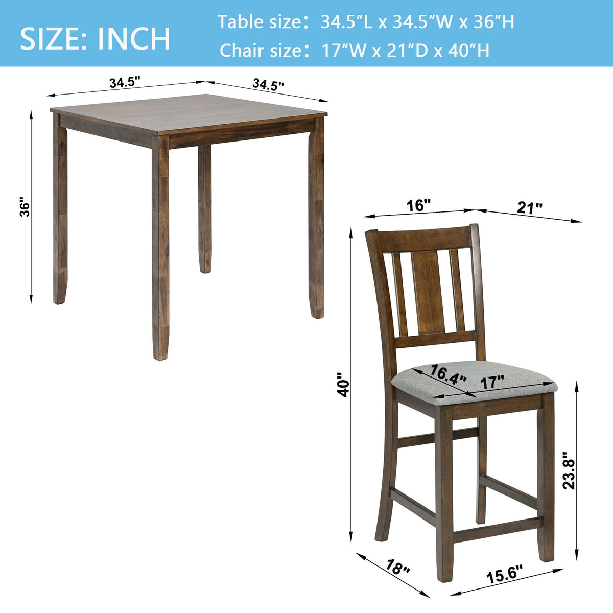5 Pieces Dining Table Set, Counter Height Kitchen Table Set With Square Table And 4 Upholstered Chairs