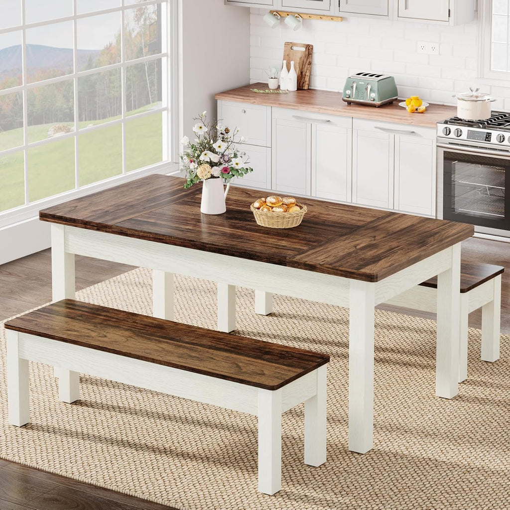 Dining Table Set For 4 - 6 With 2 Tuck Under Benches - Brown / White