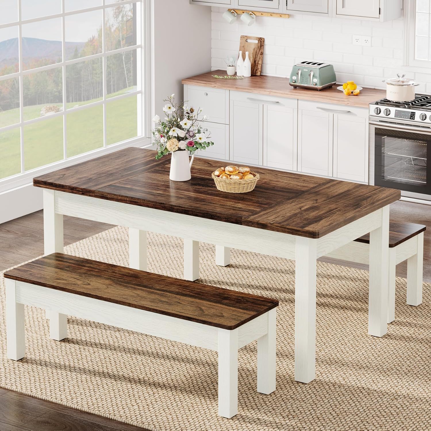 Dining Table Set For 4 - 6 With 2 Tuck Under Benches - Brown / White
