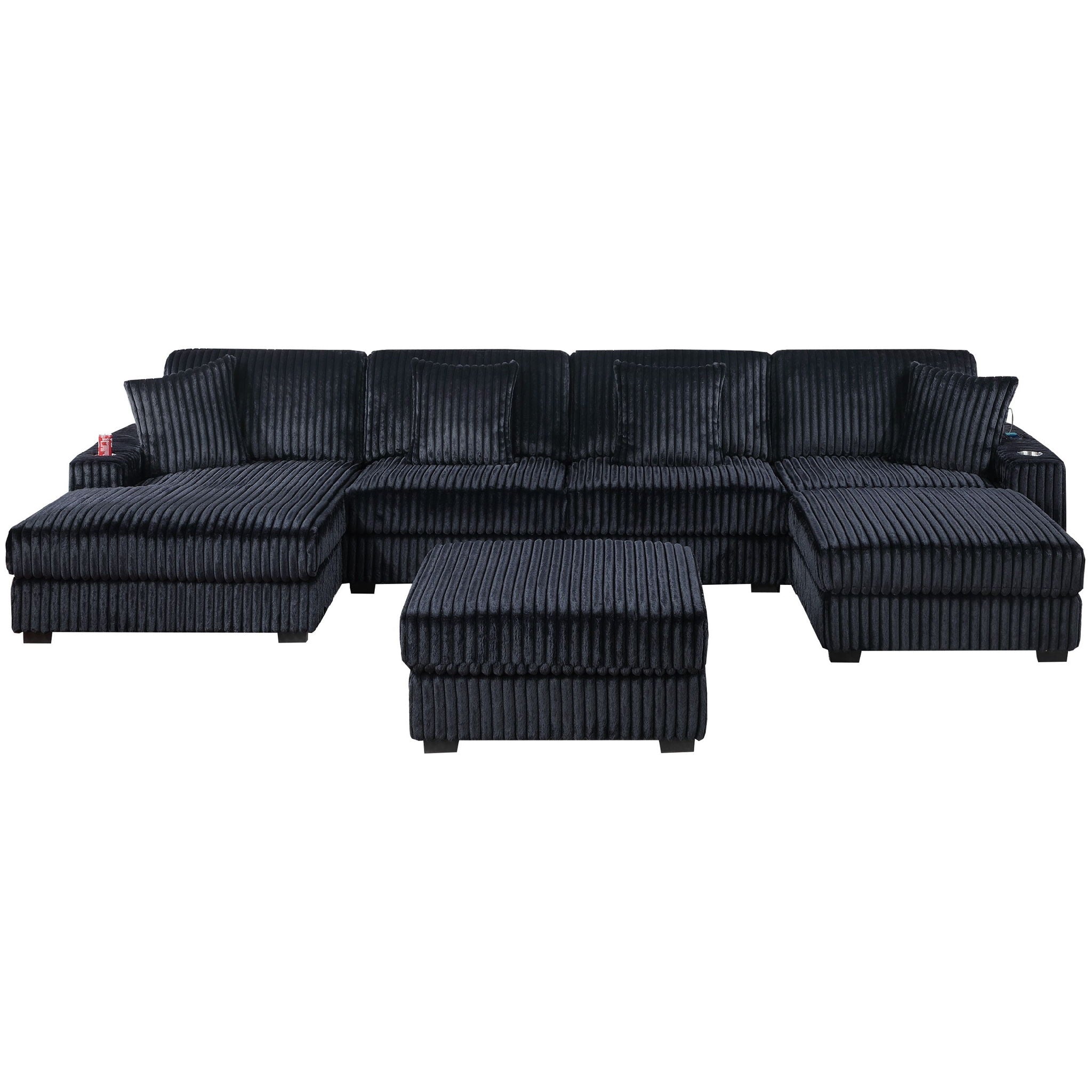 6 Piece Modular U Sectional Sofa Set With USB Cup Holder, Low Leg - Black