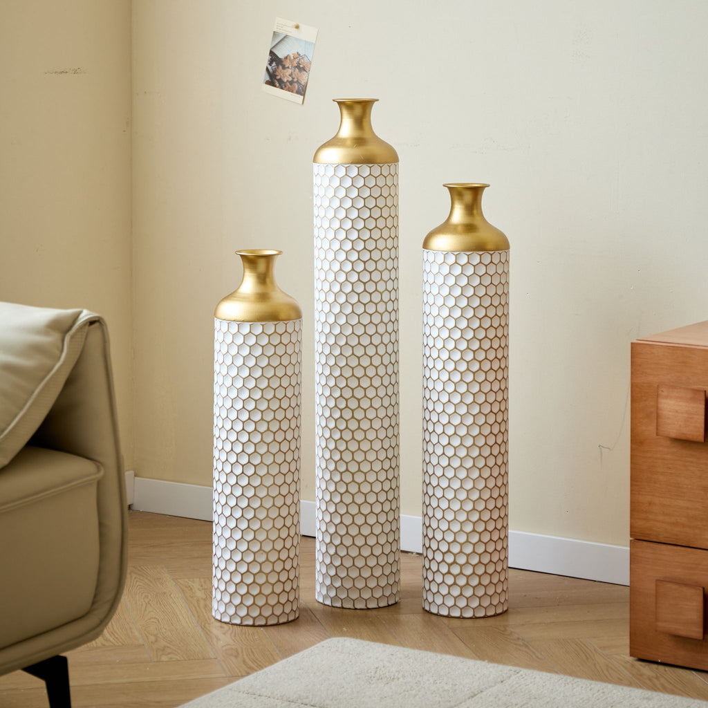 3 Piece Set Gorgeous Home Decoration Large Glazed Floor Vase Decoration Home Droplet Shaped - Gold / White