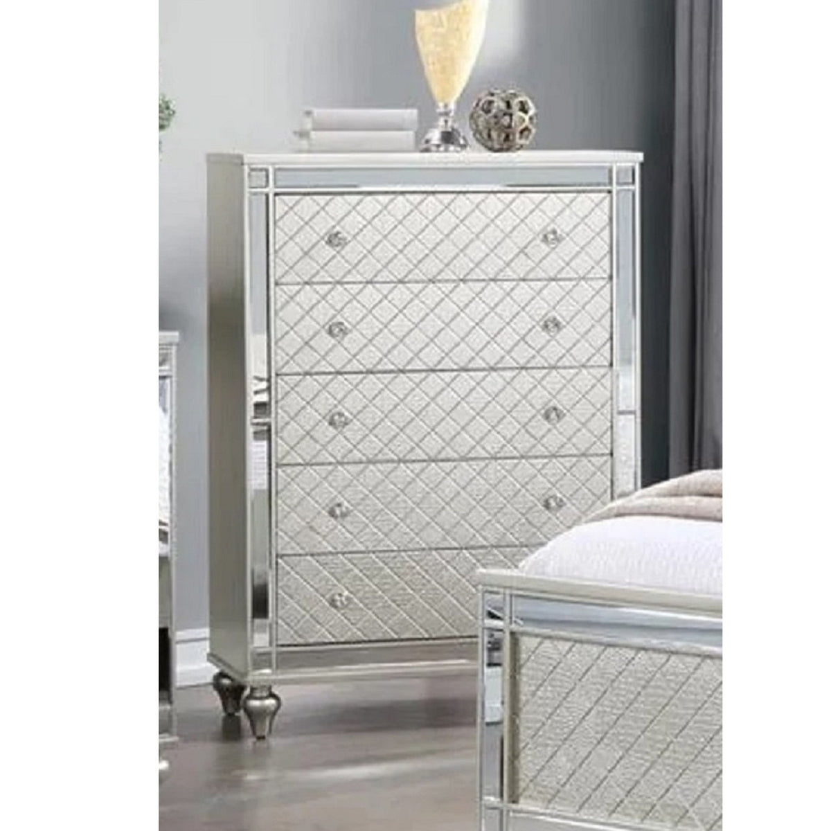 5 Drawer Bedroom Chest With Diamond Patterned Fronts - Silver