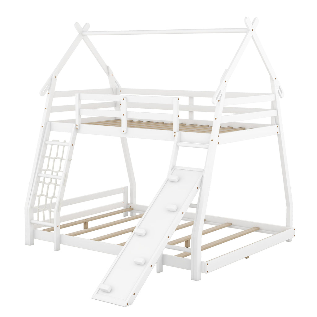 Twin Over Queen House Bunk Bed With Climbing Nets And Ramp - White