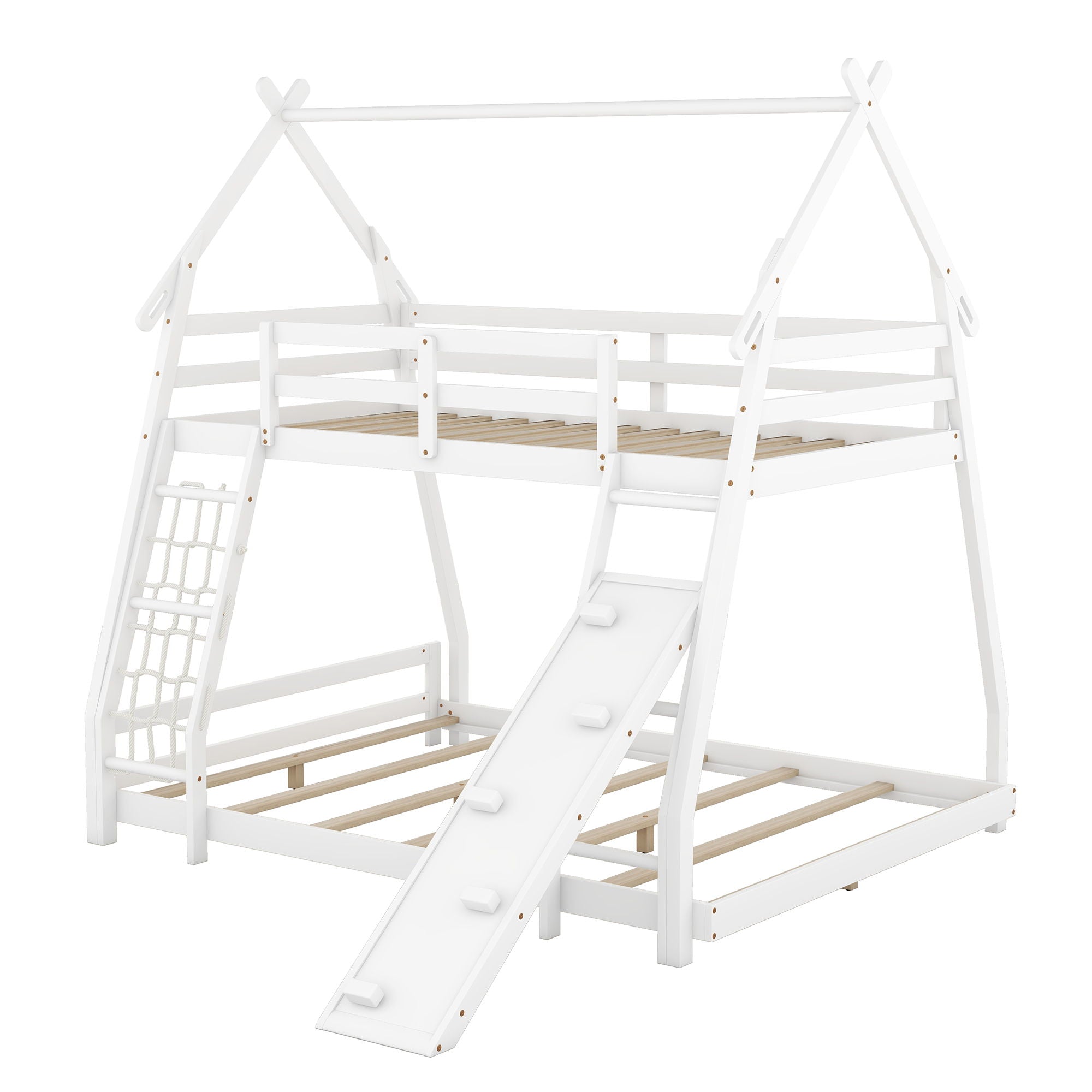 Twin Over Queen House Bunk Bed With Climbing Nets And Ramp - White