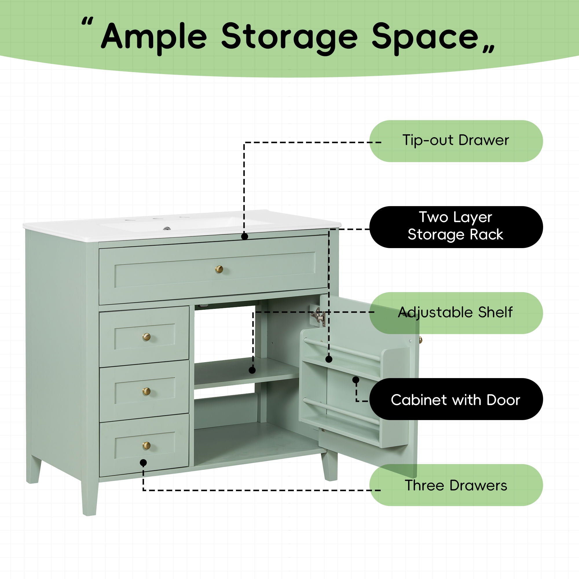 Bathroom Vanity With Sink, 3 Drawers & Cabinet With Adjustable Shelves