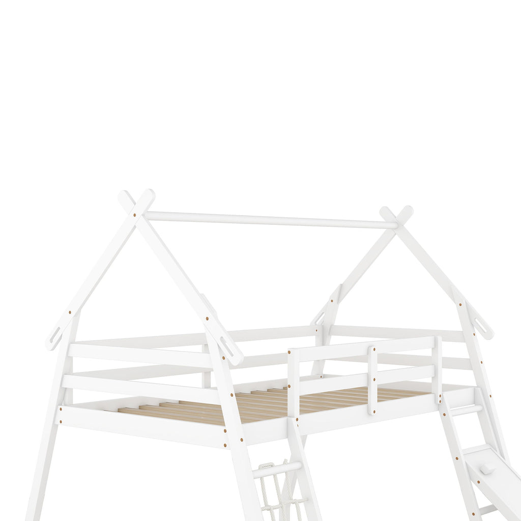 Twin Over Queen House Bunk Bed With Climbing Nets And Ramp - White