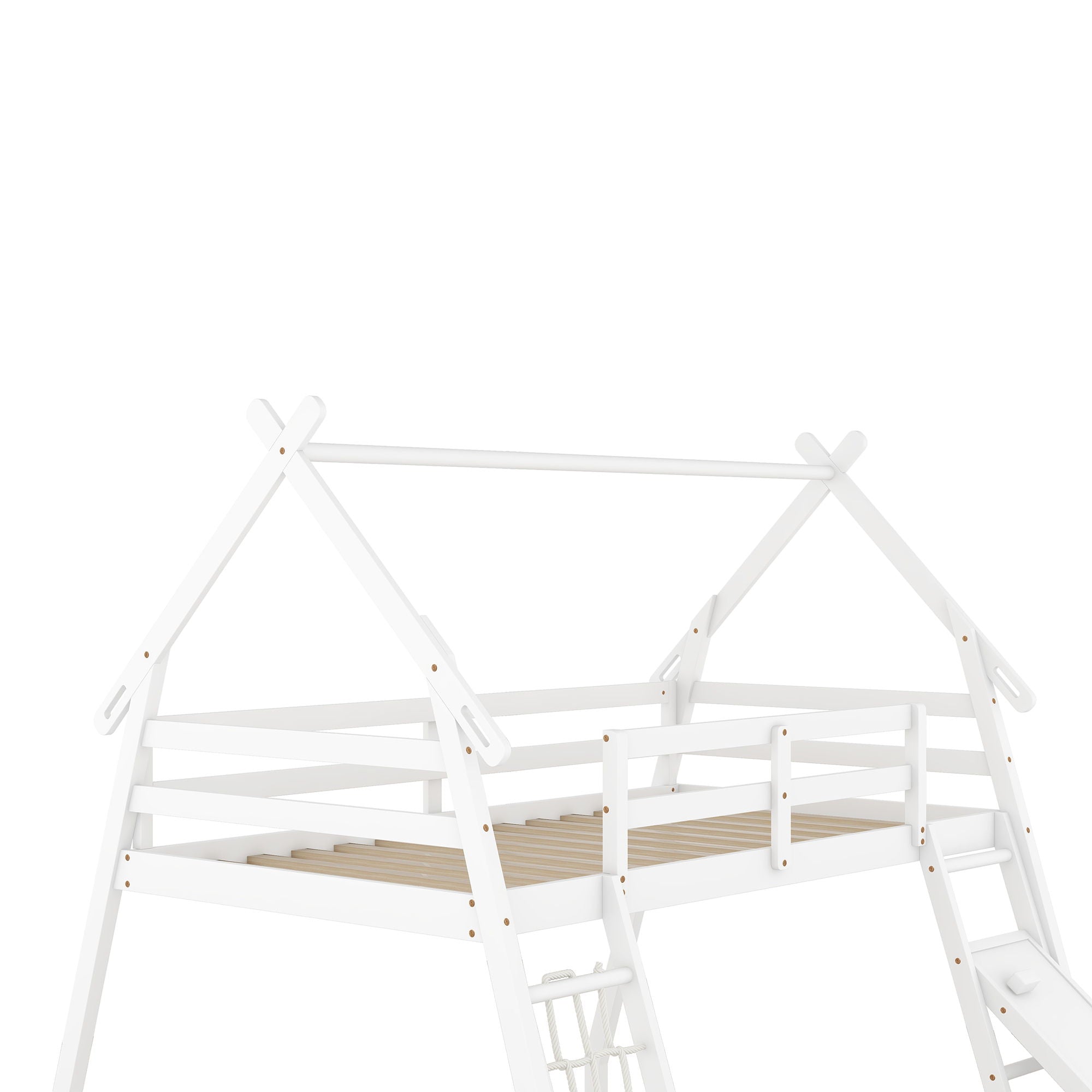 Twin Over Queen House Bunk Bed With Climbing Nets And Ramp - White