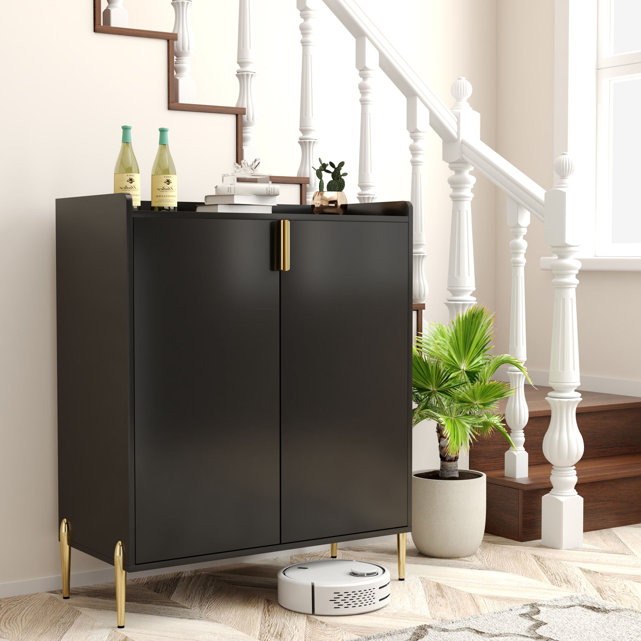 Wine Bar Cabinet With Adjustable Shelf, 2 Door Sideboard With Soft-Closing Hinges And Feet
