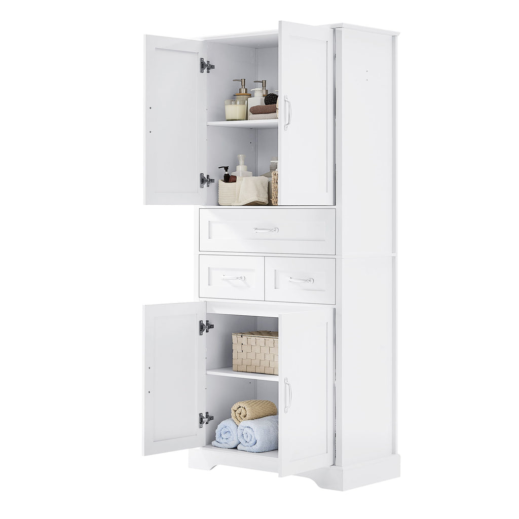Tall Bathroom Storage Cabinet With 4 Doors 3 Drawers Adjustable Shelves - White