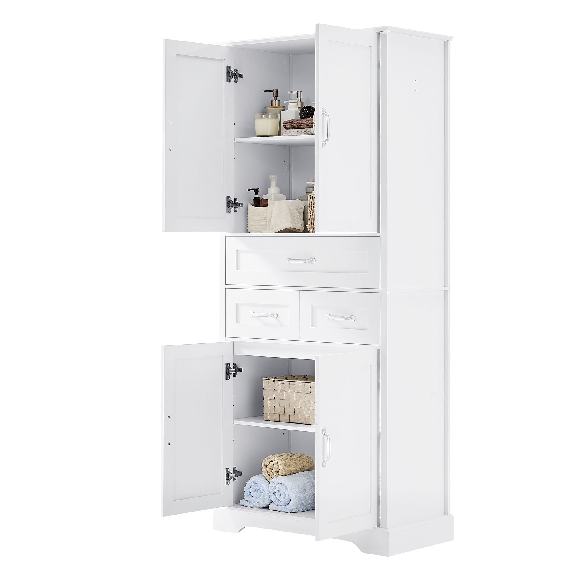 Tall Bathroom Storage Cabinet With 4 Doors 3 Drawers Adjustable Shelves - White