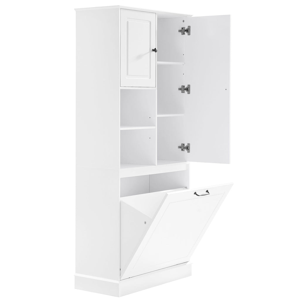 Modern Tall Storage Cabinet With Adjustable Shelves, Flip-Out Basket & Enclosed Doors