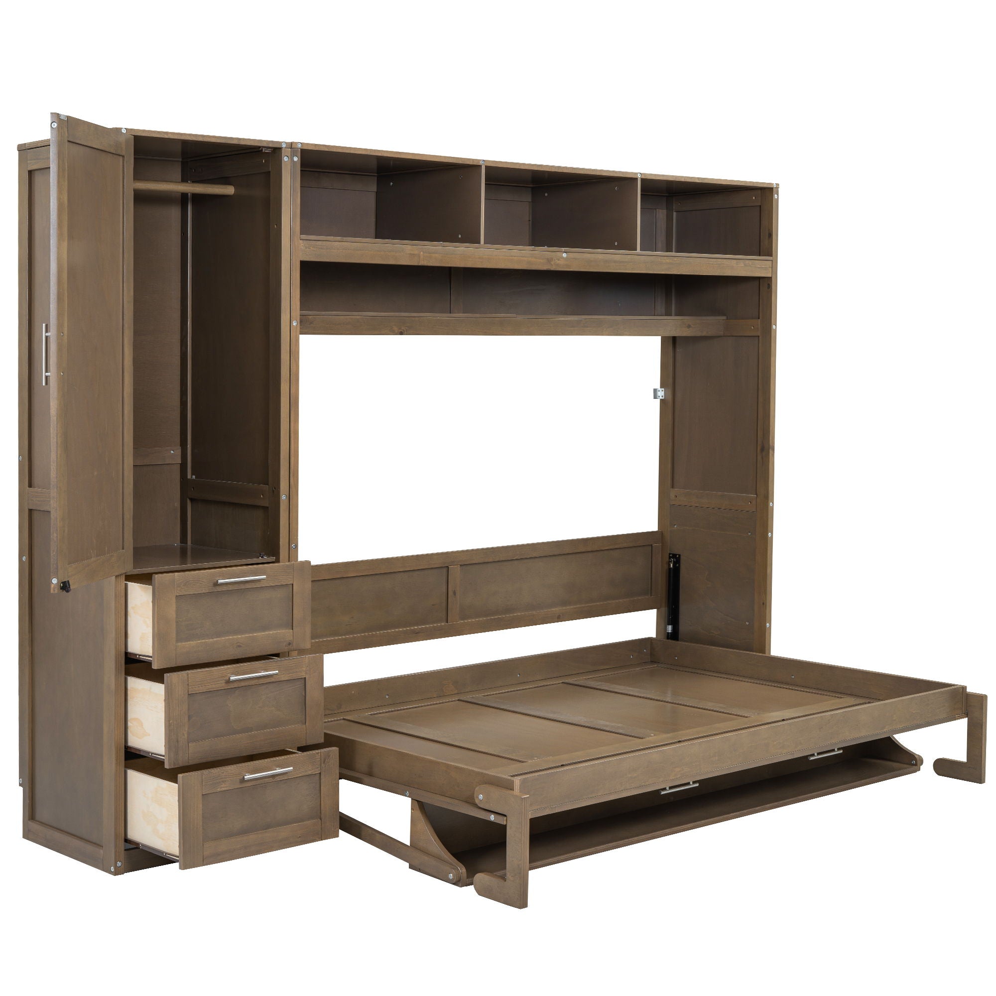 Full Size Murphy Bed With Wardrobe, Drawers, And Open Shelves - Wood