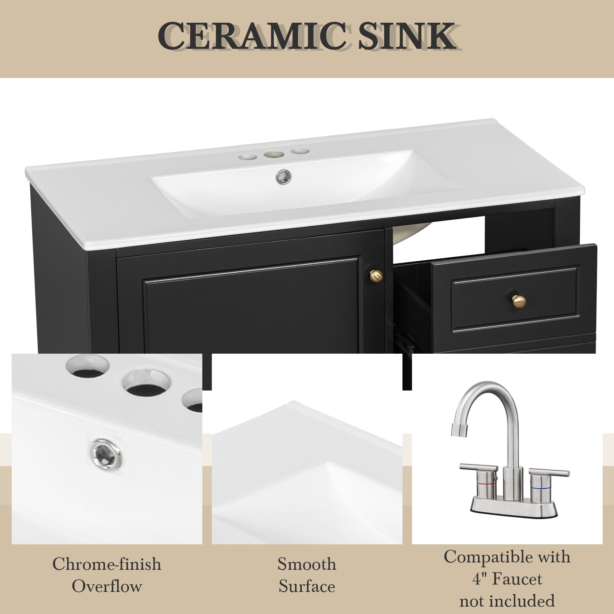 Modern Bathroom Vanity With Sink, 3 Drawers & Cabinet