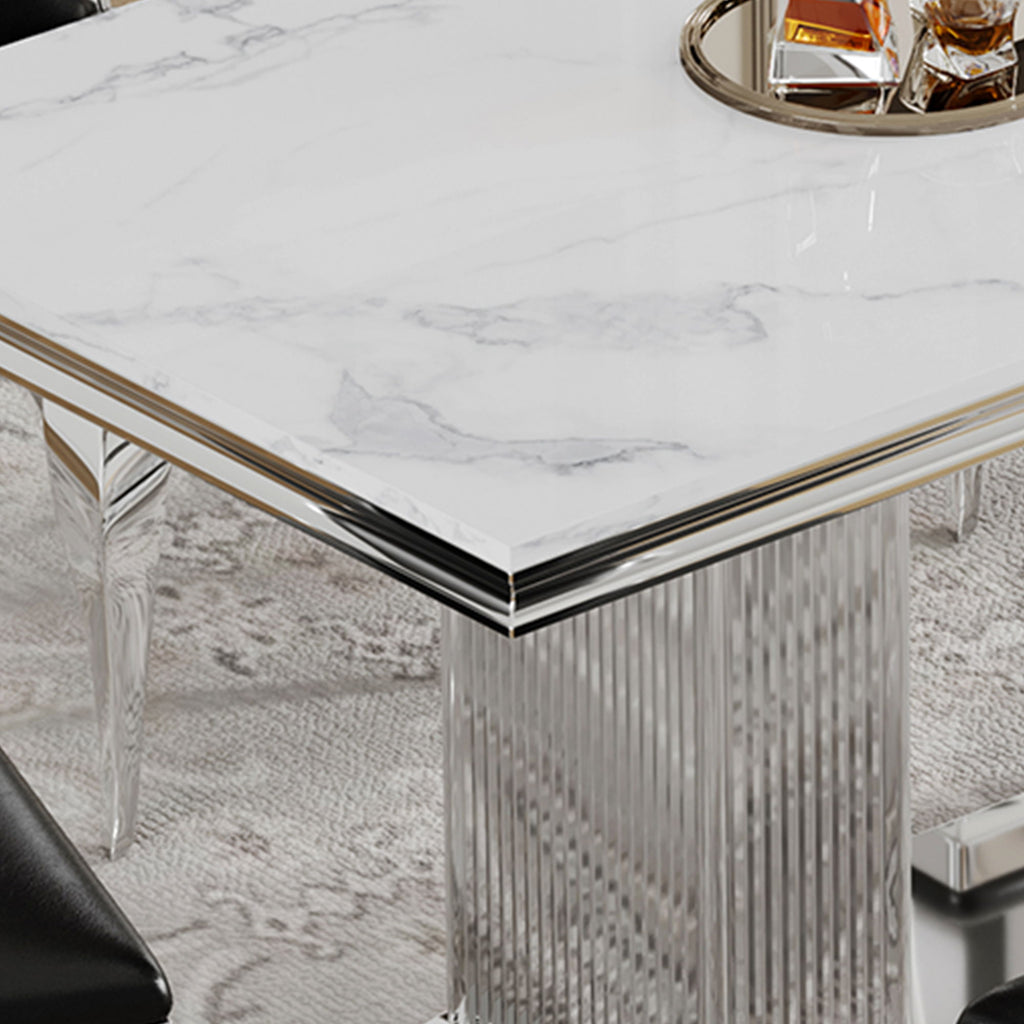 Marble Printed Top Rectangular Dining Table, Stainless Steel Base With Mirrored Finish