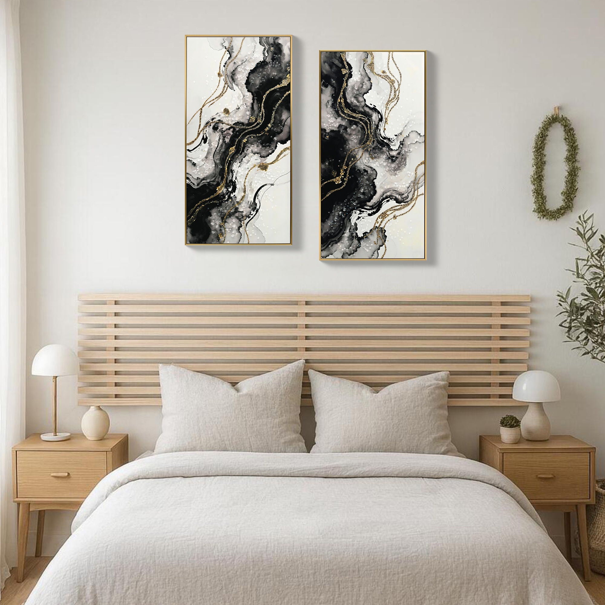Large Framed And Abstract Wall Art, Minimalist Canvas Prints (Set of 2) - White / Black