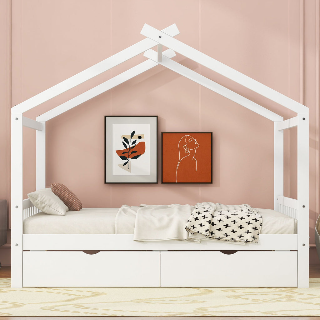 House Style Platform Bed With Headboard, Footboard, 2 Drawers, And Roof Design