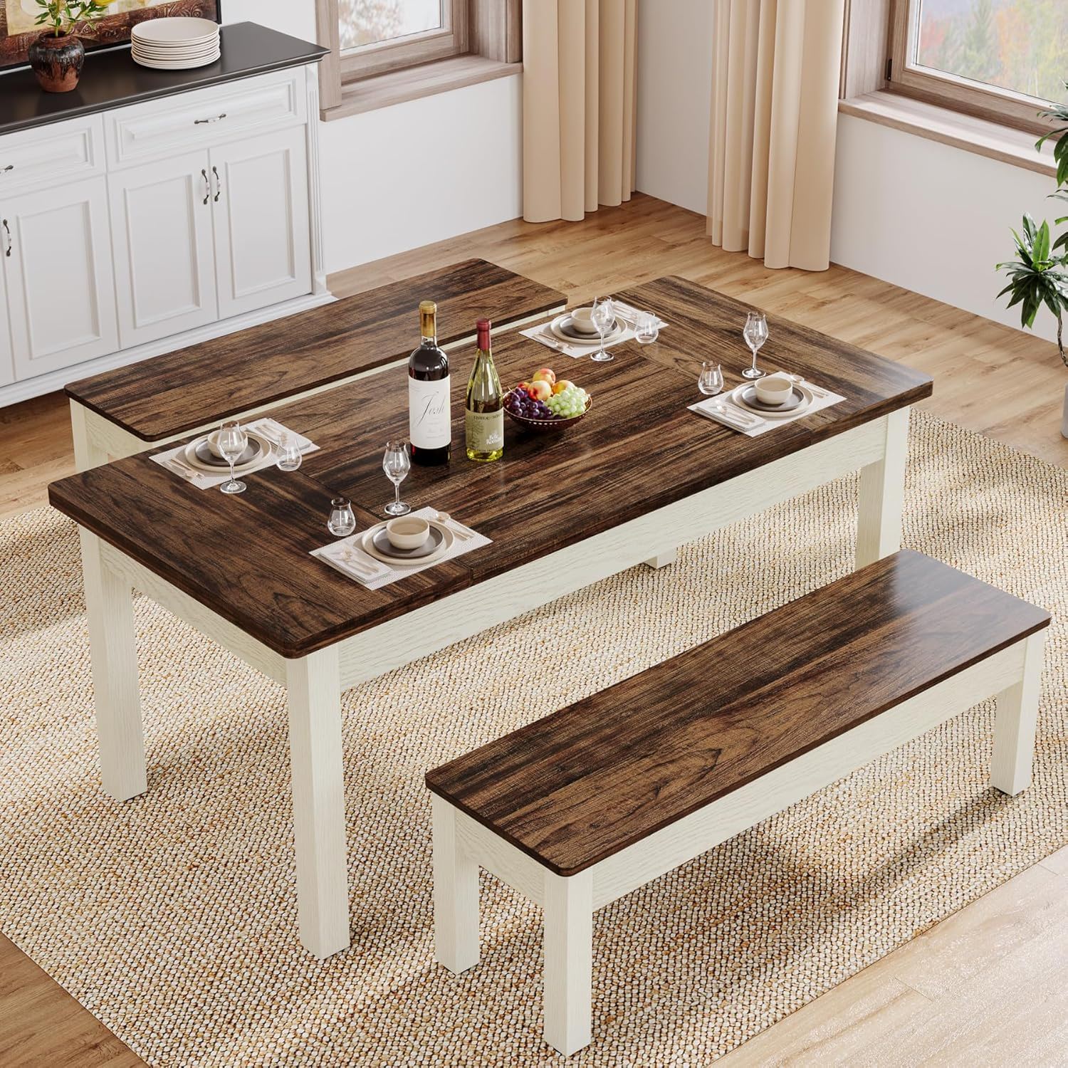 Dining Table Set For 4 - 6 With 2 Tuck Under Benches - Brown / White