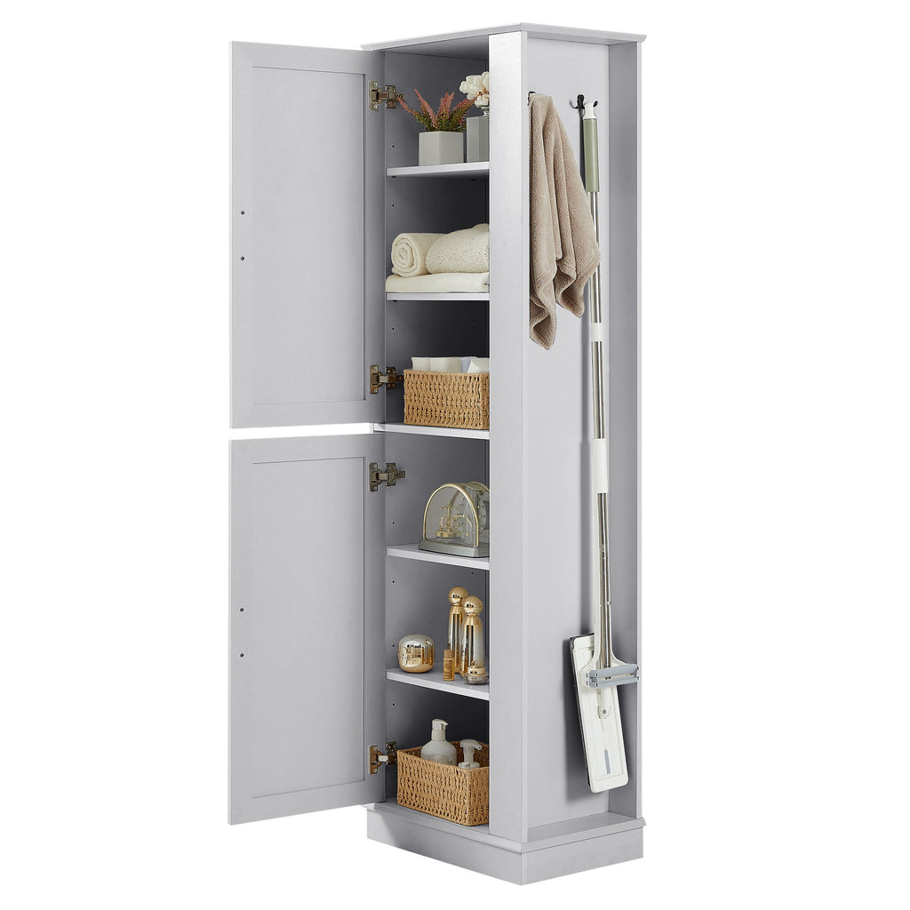 Tall Freestanding Bathroom Storage Cabinet With Adjustable Shelves And Side Hooks