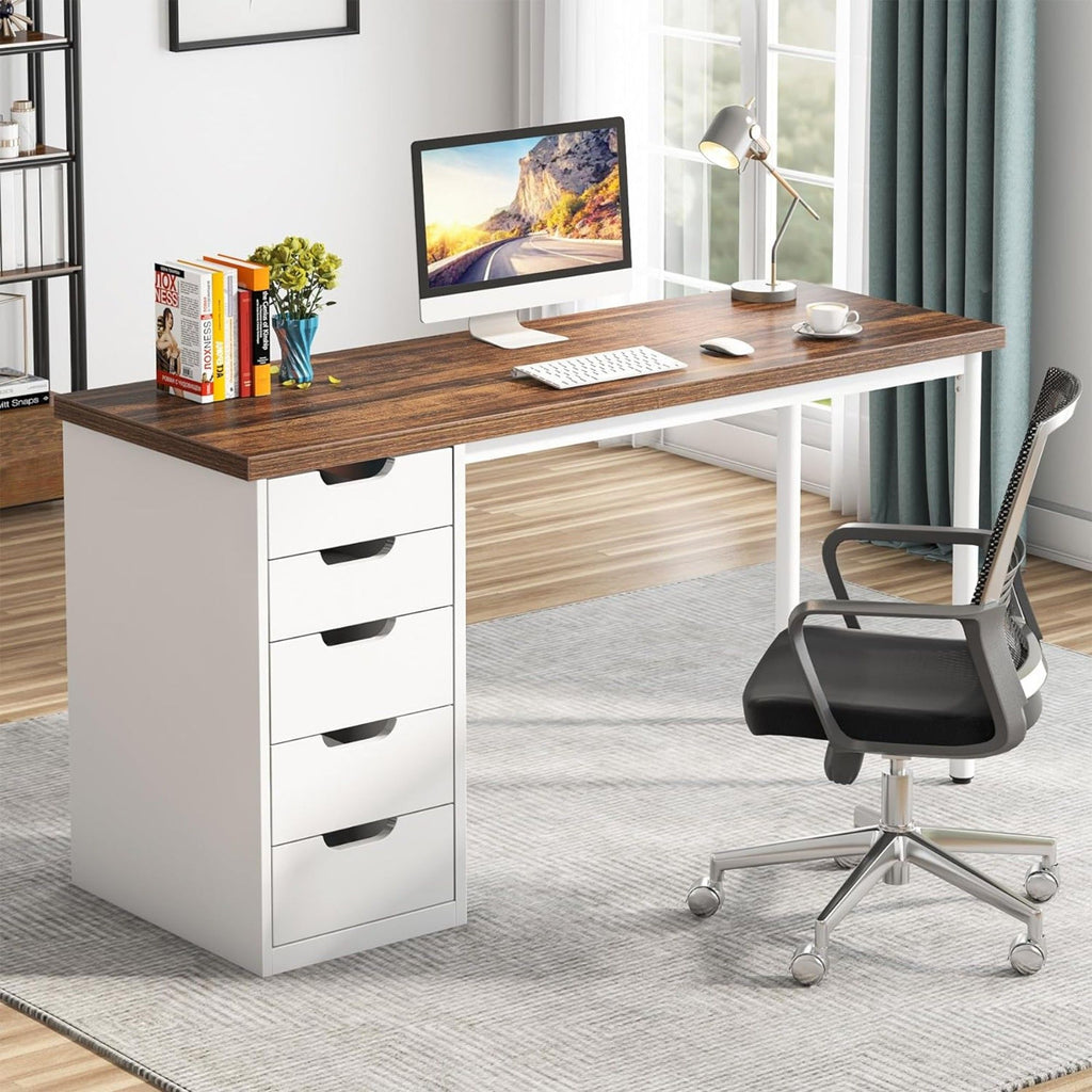 Computer Desk With 5 Drawers, Reversible Cabinet Design