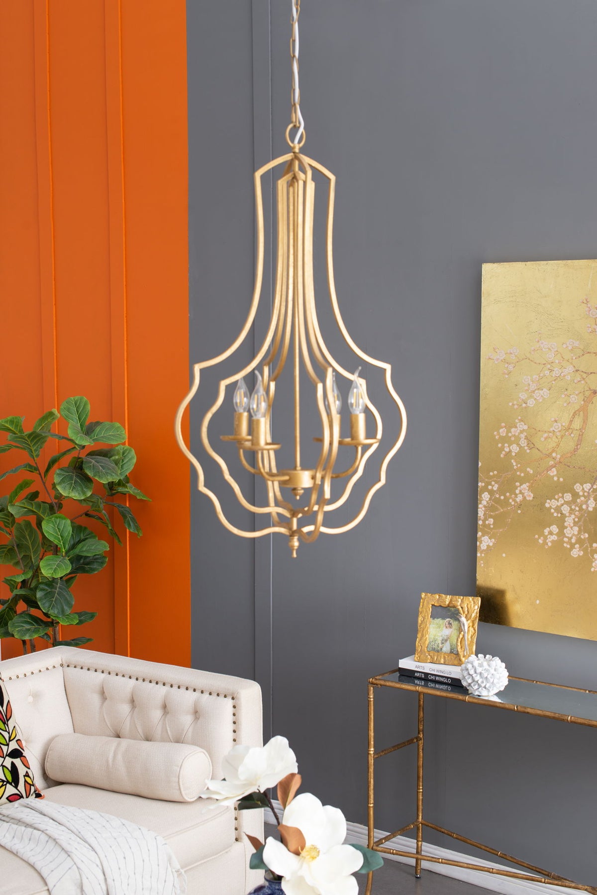 4 Light Chandelier, Hanging Light Fixture With Adjustable Chain For Kitchen, Bulb Not Included - Gold