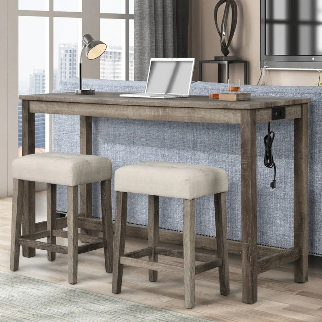 3 Piece Counter Bar Dining Set Table With Electric Outlet And 2 USB Ports, Tufted Upholstered Stools - Brown / Beige