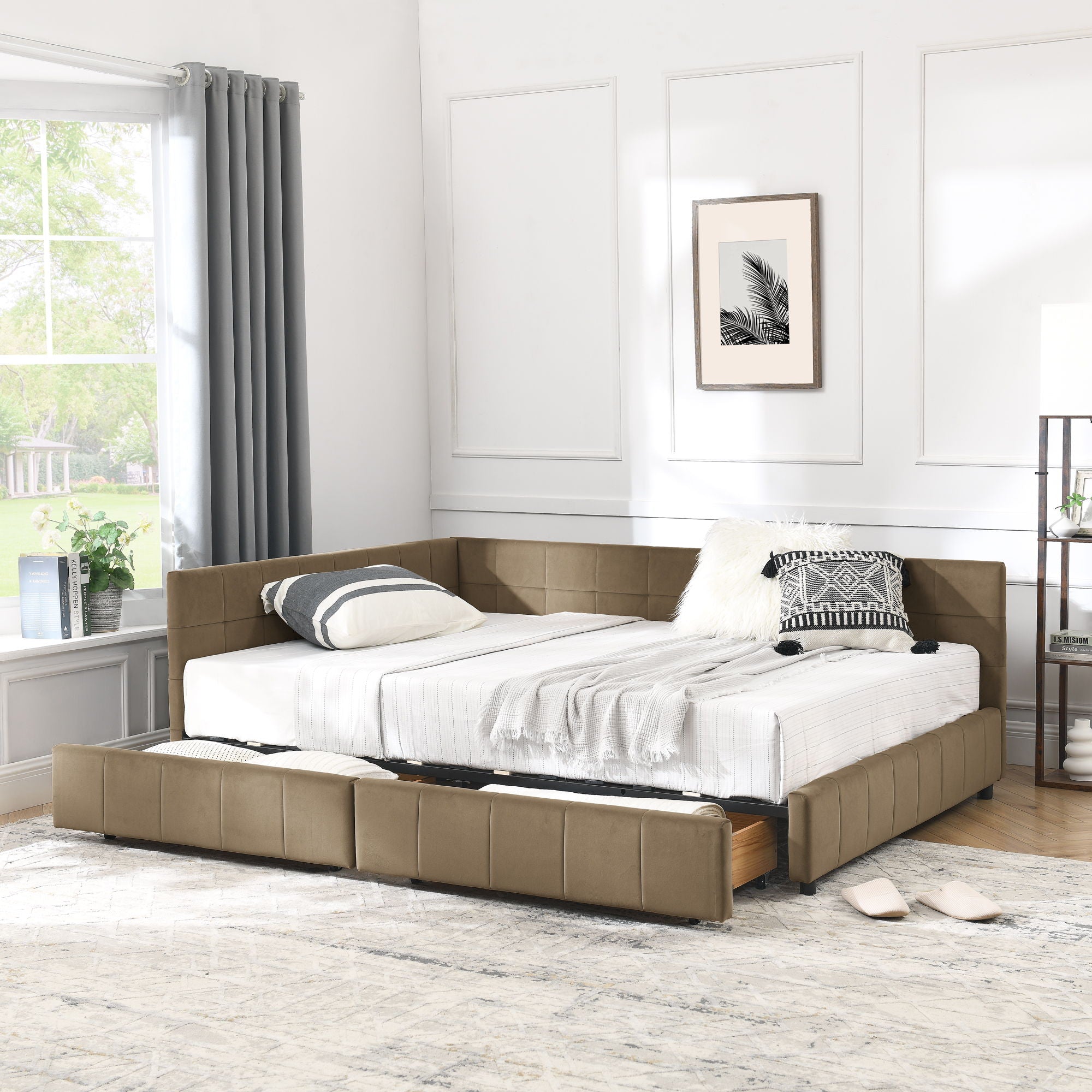 Storage Upholstered Tufted Bed Frame With Backrest And Armrests