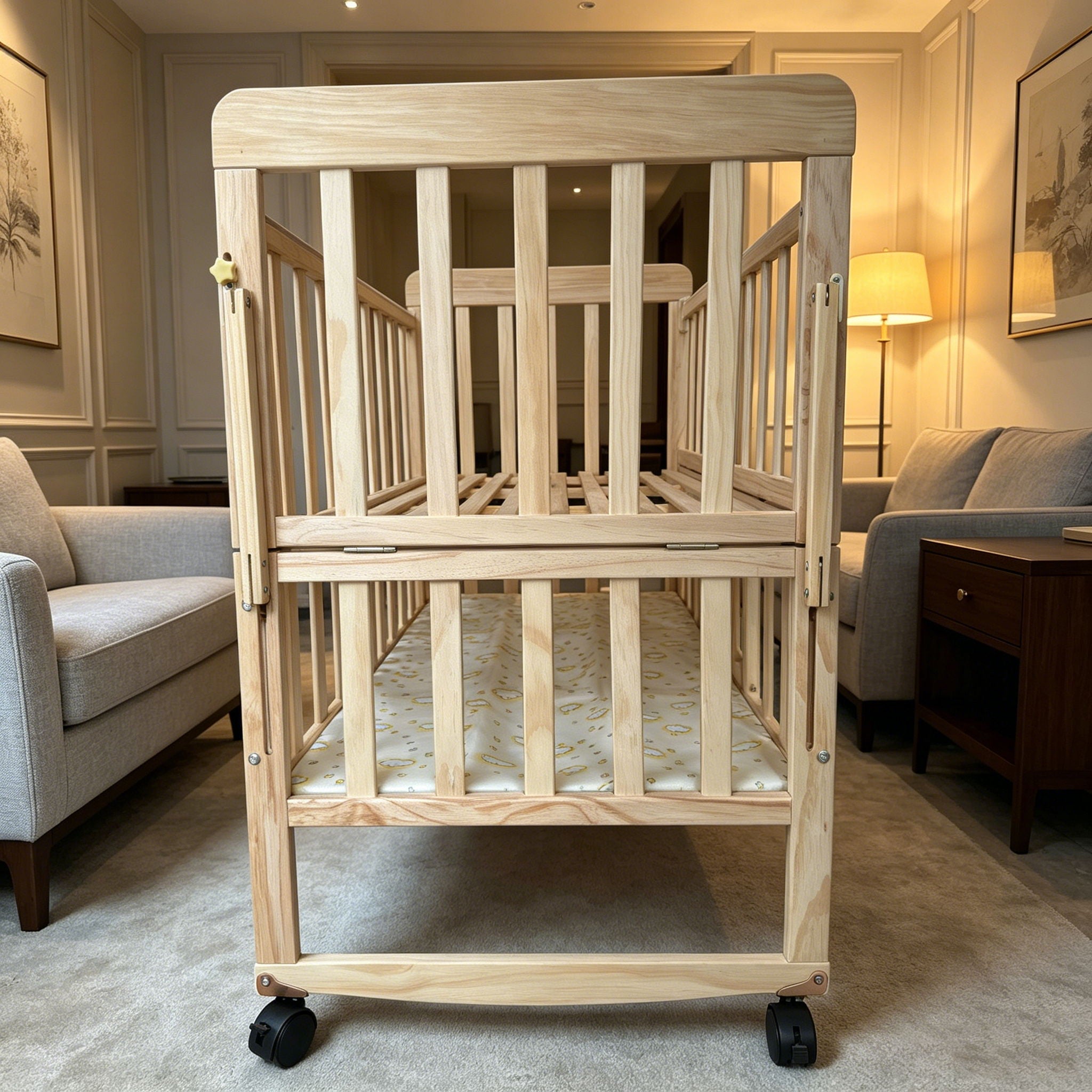 Portable Mini Baby Crib 5 In 1 Convertible With Foldable Storage - Natural Wood