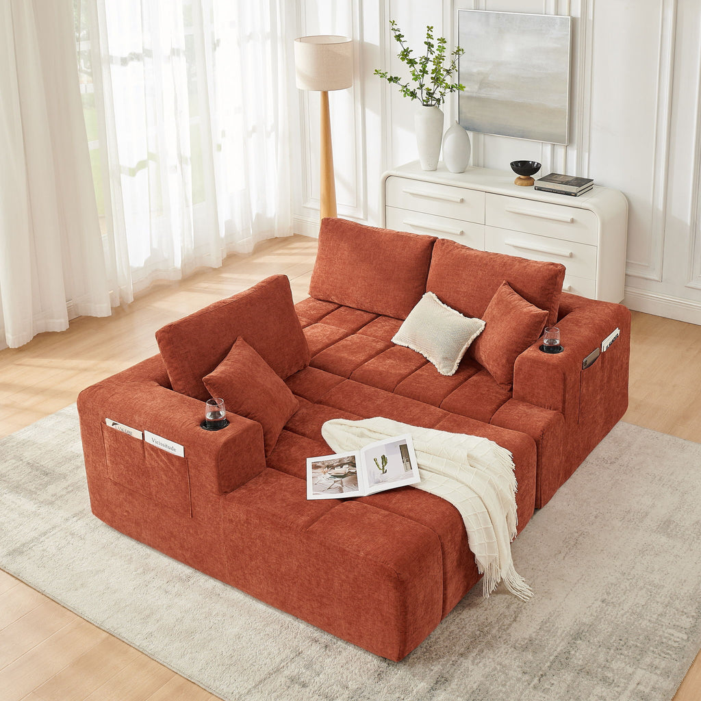 L - Shaped Sectional Sofa With Cup Holders & Side Pockets