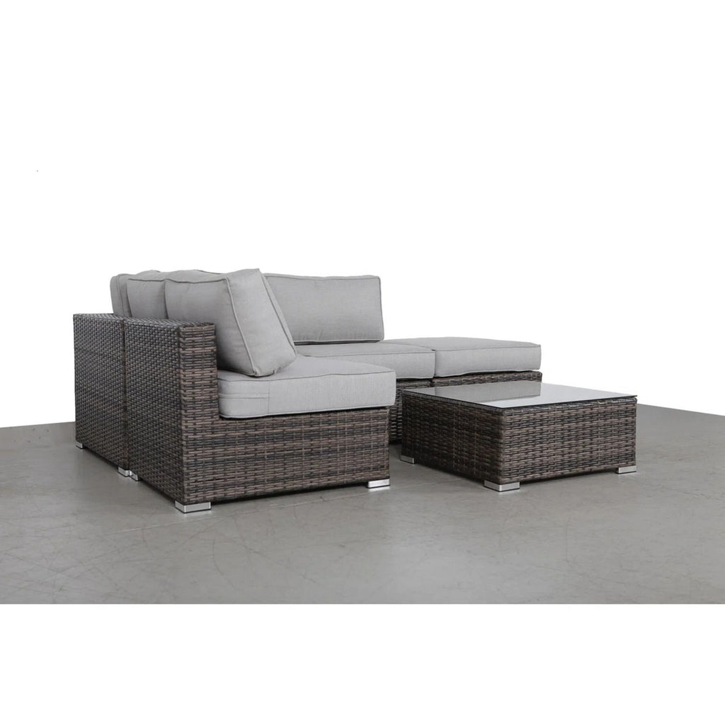 Wicker 3 Piece Seating Group With Plush Cushions, Sofa, Ottoman, And Glass Coffee Table - Brown