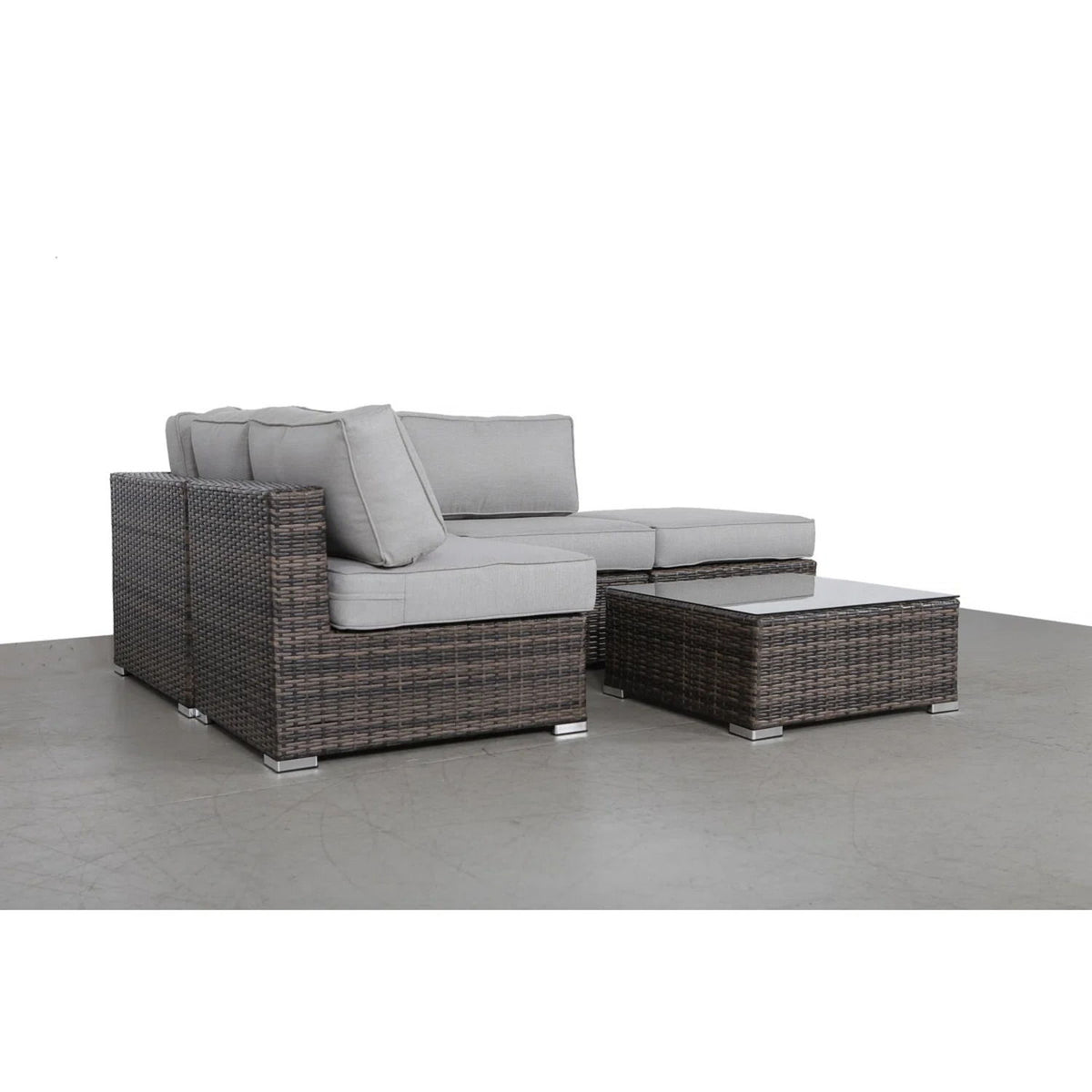 Wicker 3 Piece Seating Group With Plush Cushions, Sofa, Ottoman, And Glass Coffee Table - Brown