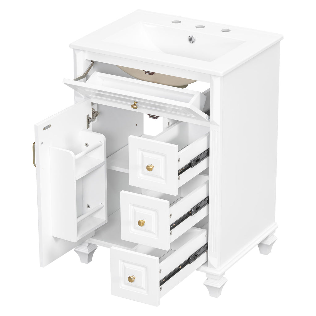 Freestanding Bathroom Vanity With Sink, 3 Drawers & Flip-Out Drawer