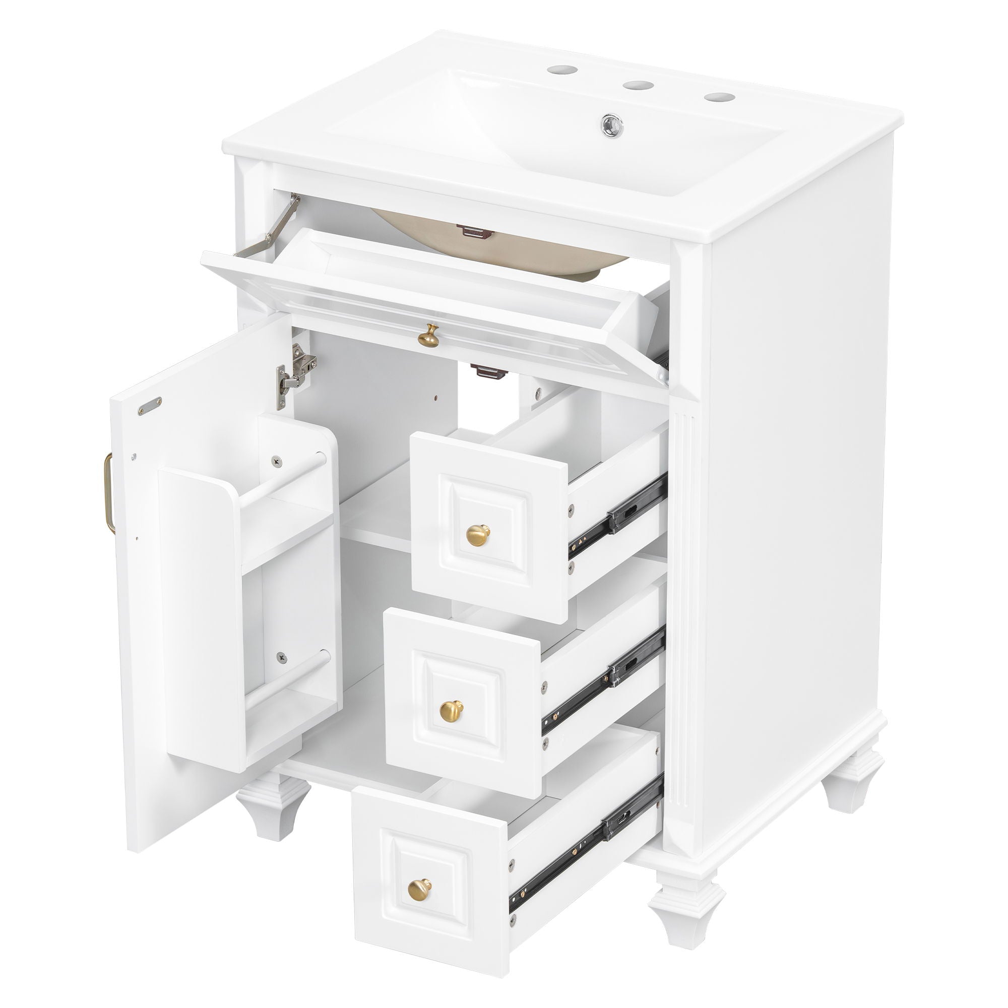 Freestanding Bathroom Vanity With Sink, 3 Drawers & Flip-Out Drawer