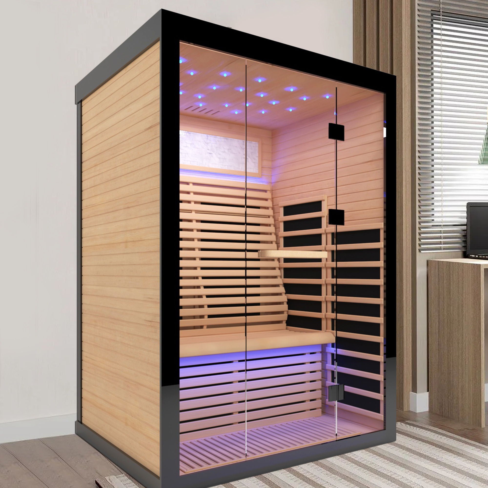 Luxury Double Far Infrared Sauna Room With Epoxy Heating Plates And Starry Sky Lighting - Black / Natural
