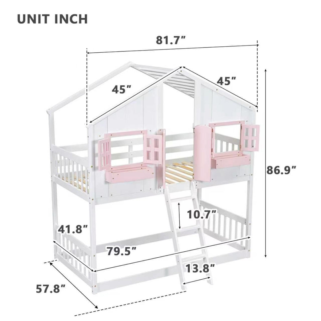 House Bunk Bed With Roof, Window, Window Box, Door, With Safety Guardrails And Ladder
