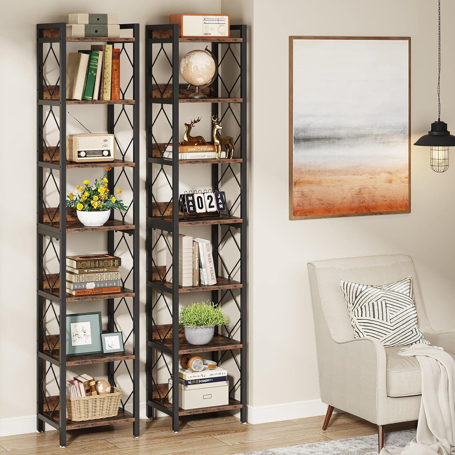Extra Tall 7 Tier Narrow Corner Bookshelf Storage Display Rack For Living Room - Rustic Brown