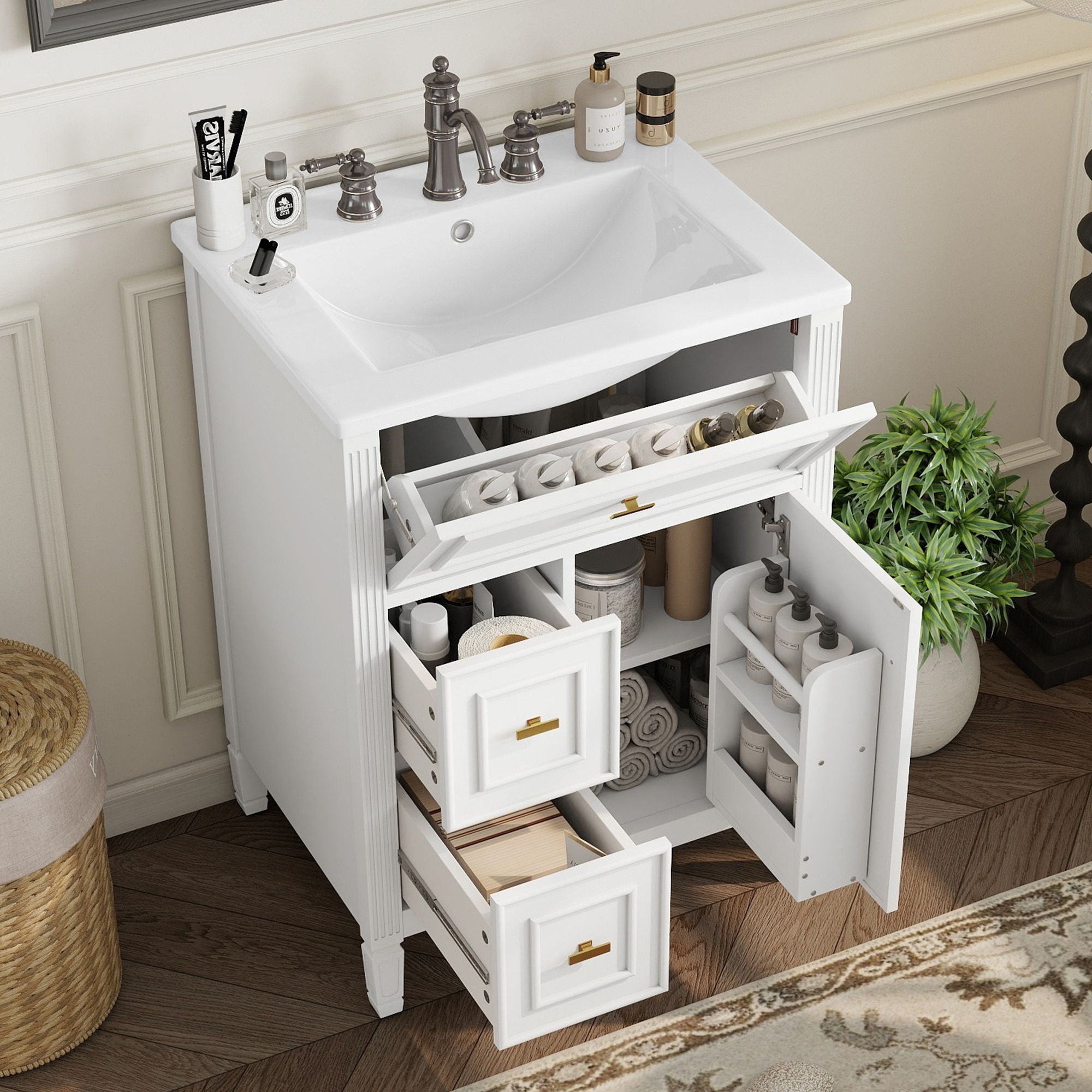 Bathroom Vanity With Sink, Flip Drawer, 2 Drawers, Adjustable Shelf