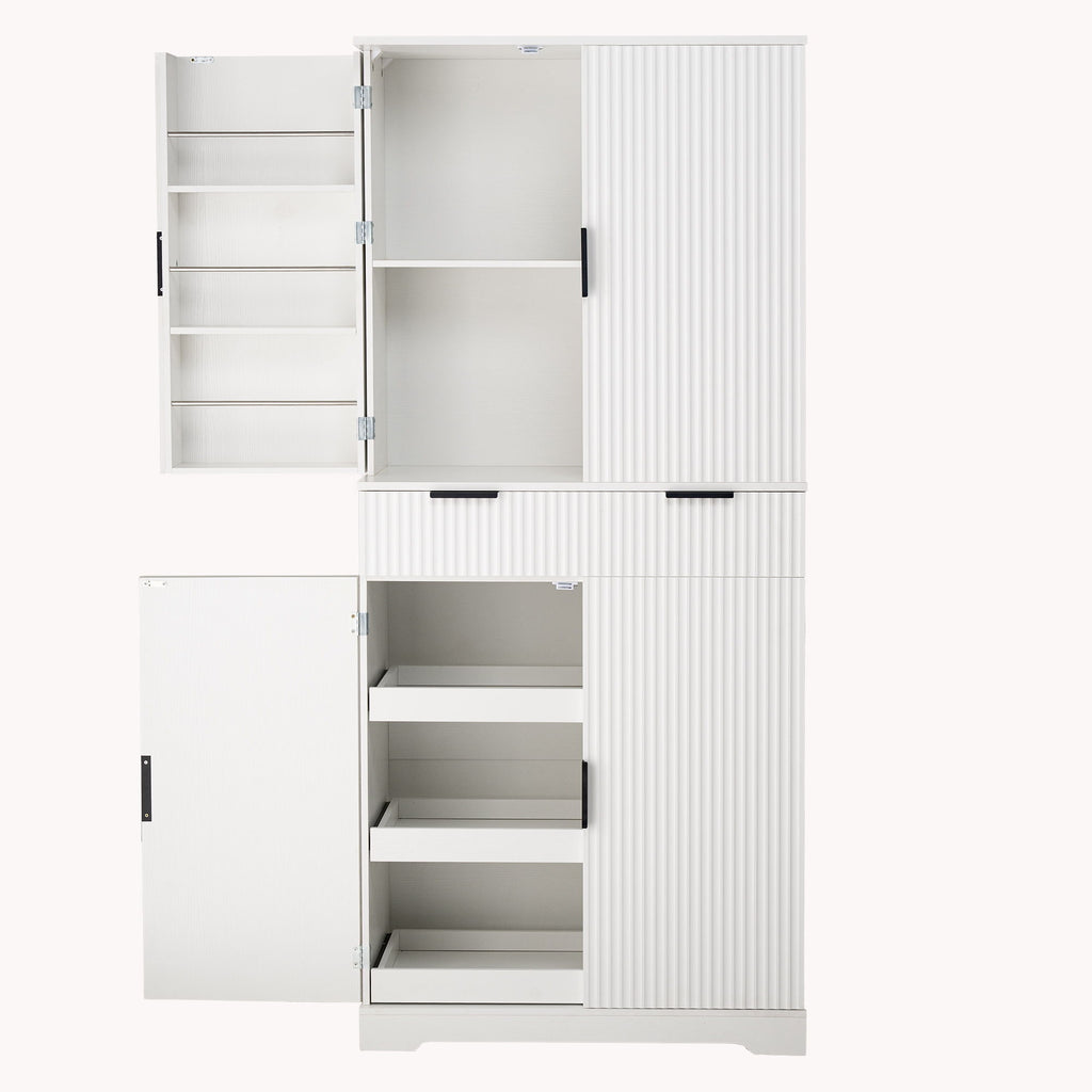 Fluted Kitchen Pantry Cabinet With 3 Keyboard Drawers & 6 Adjustable Door Shelves